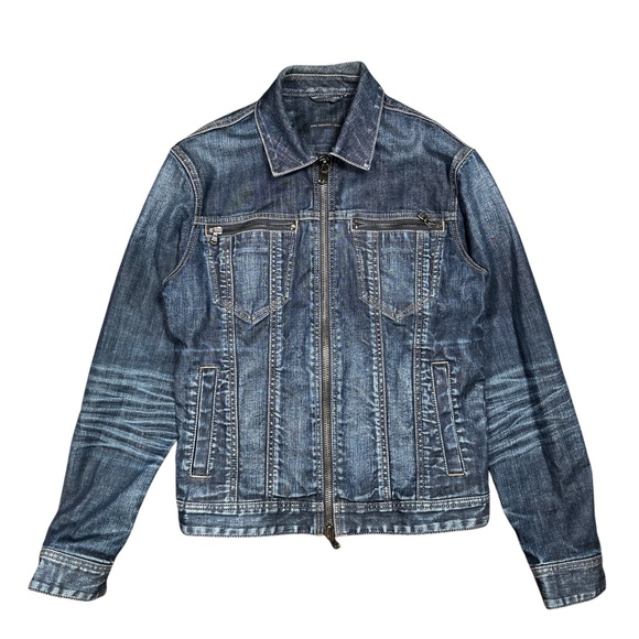 John Varvatos Distressed Blue Zipper Denim Jacket - Picture 1 of 9